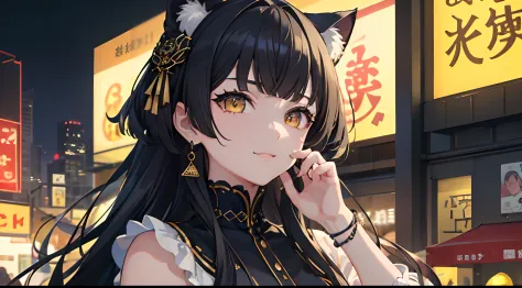 masterpiece, best quality, 1girl, black hair, yellow eyes, cat smile, night festival, detailed eyes, detailed facial features, high resolution (best quality, 4k, 8k, highres, masterpiece:1.2)