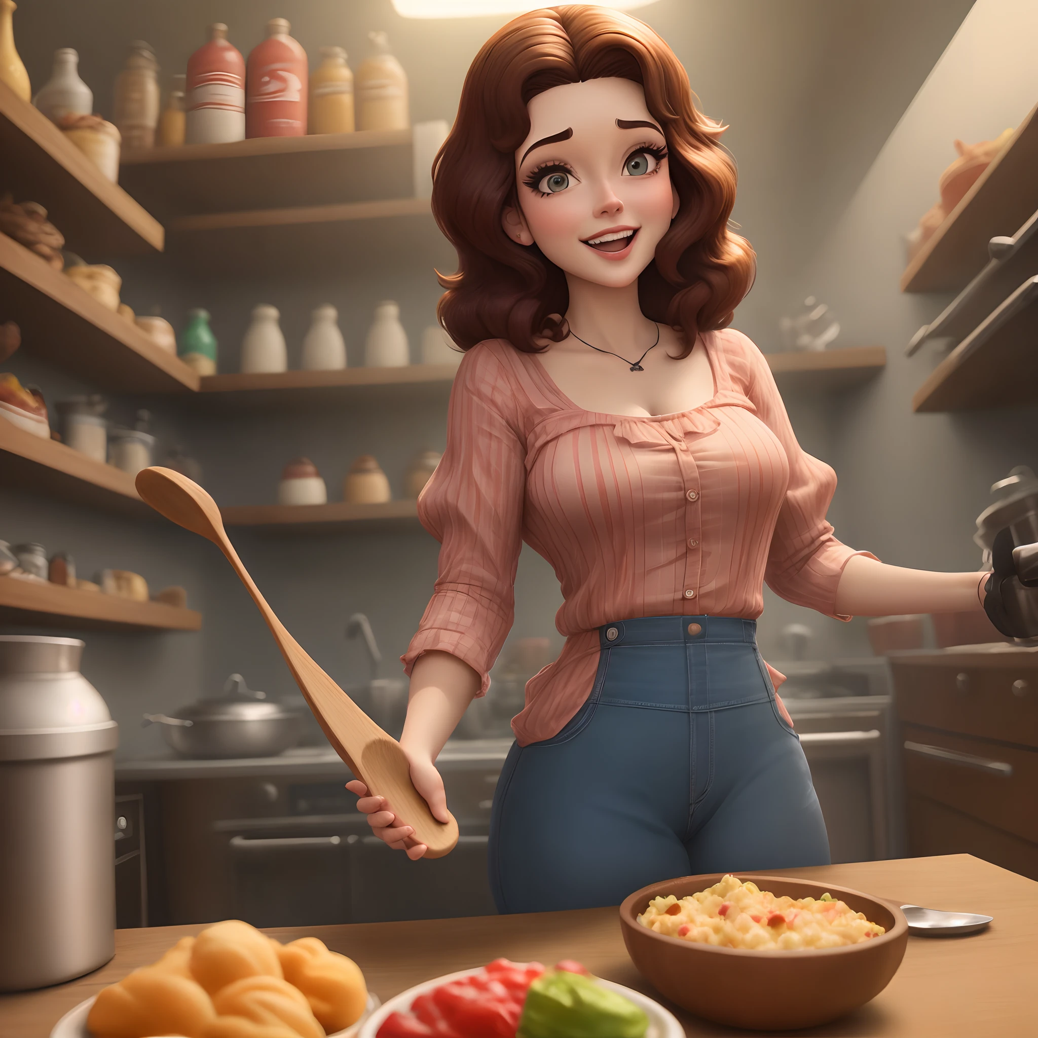 Garota de desenho animado na cozinha com colher de pau e tigela de comida -  SeaArt AI