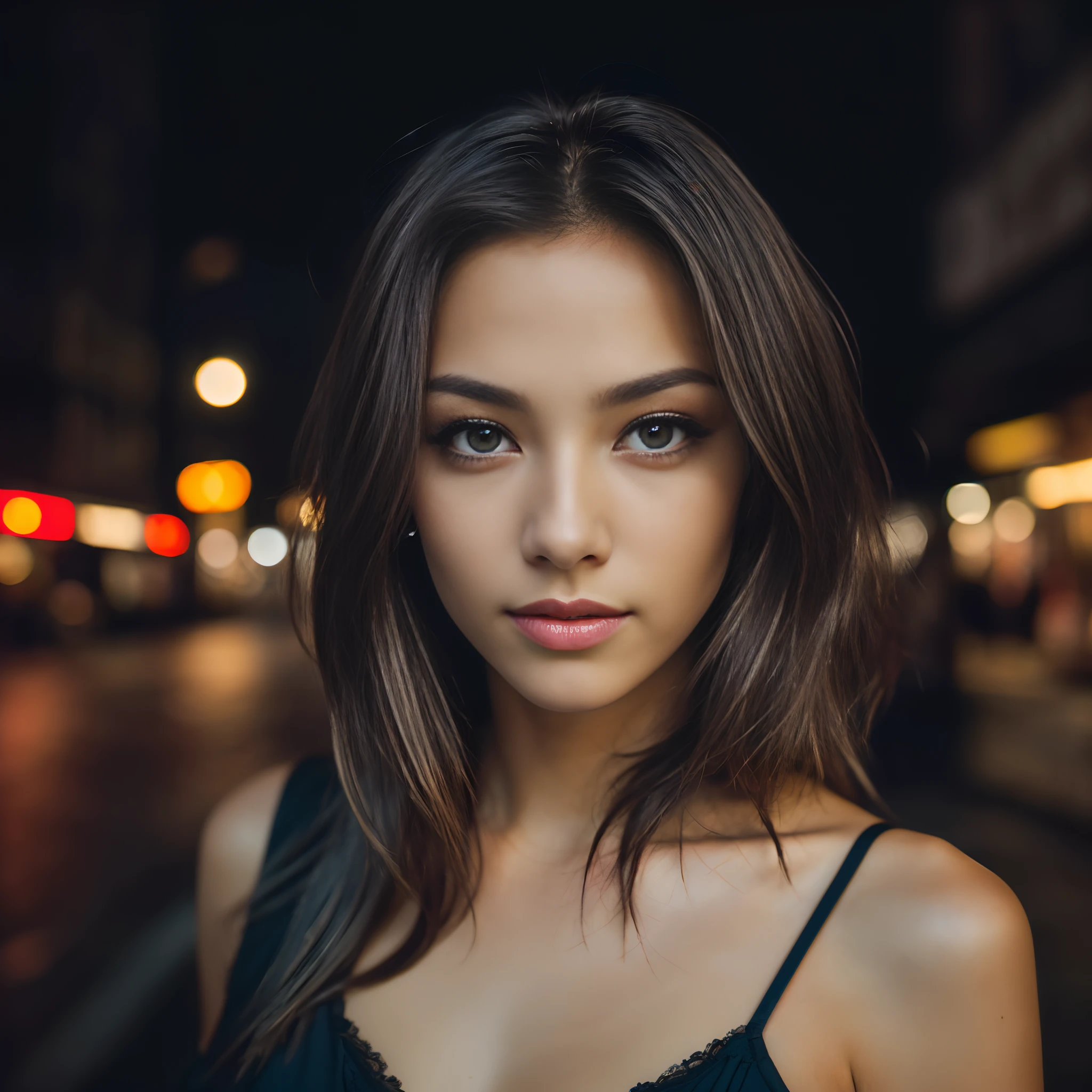 (taking selfies, overhead view: 1.4), (straight half of the torso: 1.4), Portrait photo of a 24-year-old french girl in RAW UHD format (Blue-eyed woman) Walk down the dark alley, night city, Details (textures! , Hair! , glistering, Color!! , imperfections: 1.1), highly detailed glossy eyes (looking at the camera), DSLR Lighting, SLR camera, Ultra-Quality, sharpness, Depth of field, Film grain (Downtown), Fujifilm XT3, Crystal clear, Frame Center, beatiful face, sharp-focus, street lamp, neon lighting, bokeh (dimly lit), night time, (night  sky), detailed skin pores, oilly skin, suntan, Complex eye details