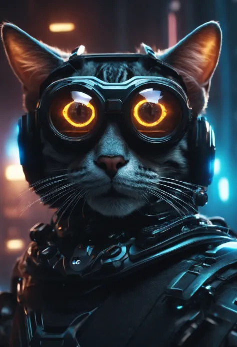 a robot-cat is wearing a black VR glasses on its eyes, cyberpunk, dazzling light, future background, high quality, super details, 8K --ar 3:4 --s 180 --style expressive