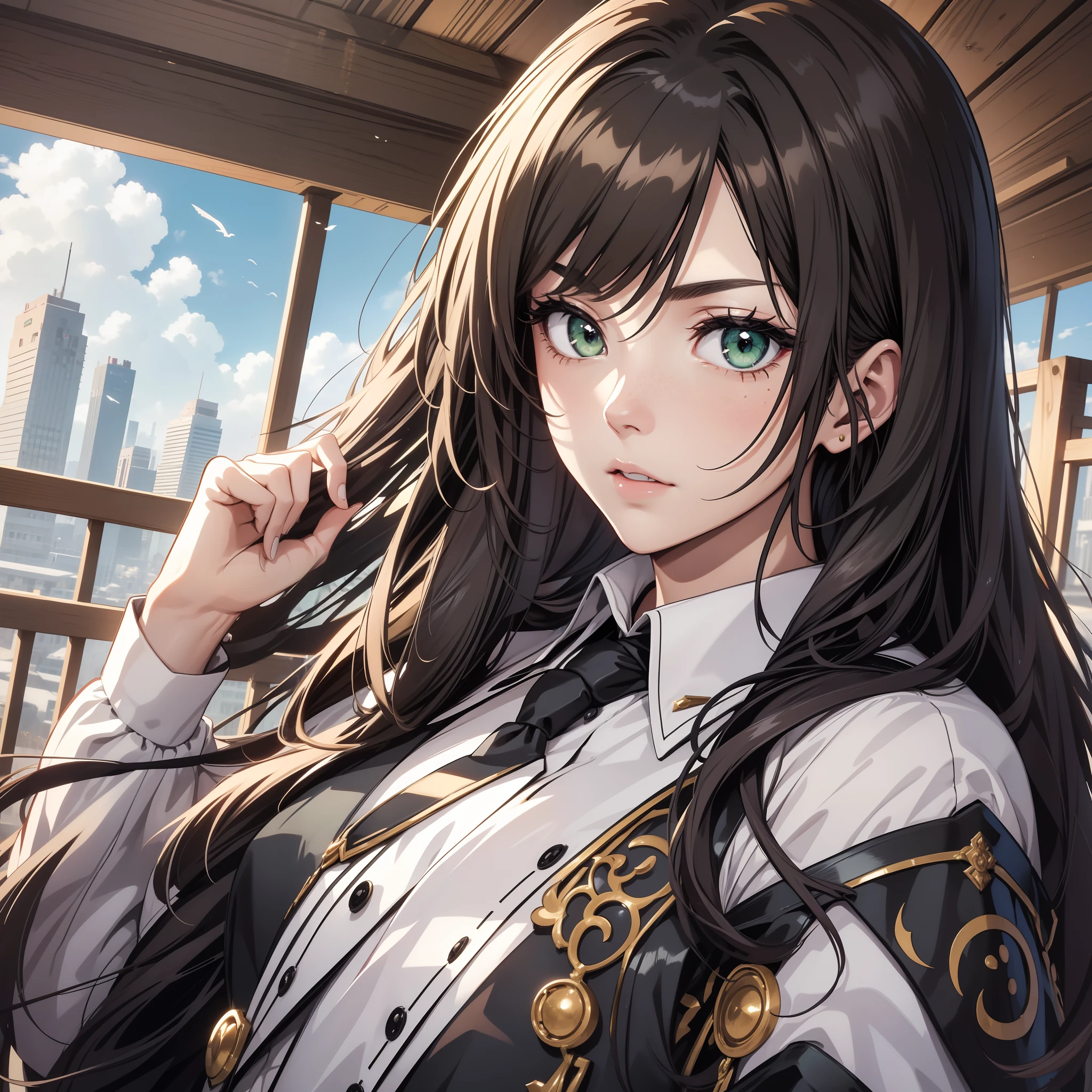 Anime girl with long black hair and green eyes in a white shirt - SeaArt AI