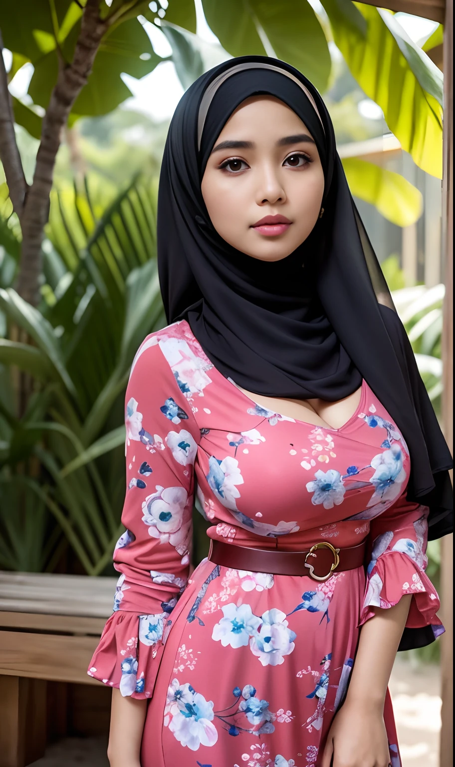 (iu:0.8),Decote, cru, melhor qualidade, alta resolução, Obra de arte: 1.3,((corpo todo:1.3)),Linda garota malaia hijabi usando minivestido floral e um hijab fechado,peito grande, olhos grandes, nariz perfeito, Lábios brilhantes, Obra de arte, Sorriso suave, caminhadas matinais na praia, jardins de flores, boa iluminação, cores brilhantes, Linhas limpas