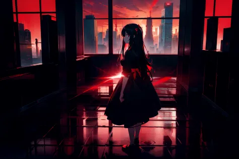 1 loli girl, ((red lighting)) ,dutch angle, (from above:0.8), full body ,looking back , ((standing in the air)) ,(skyscrapers) ,...