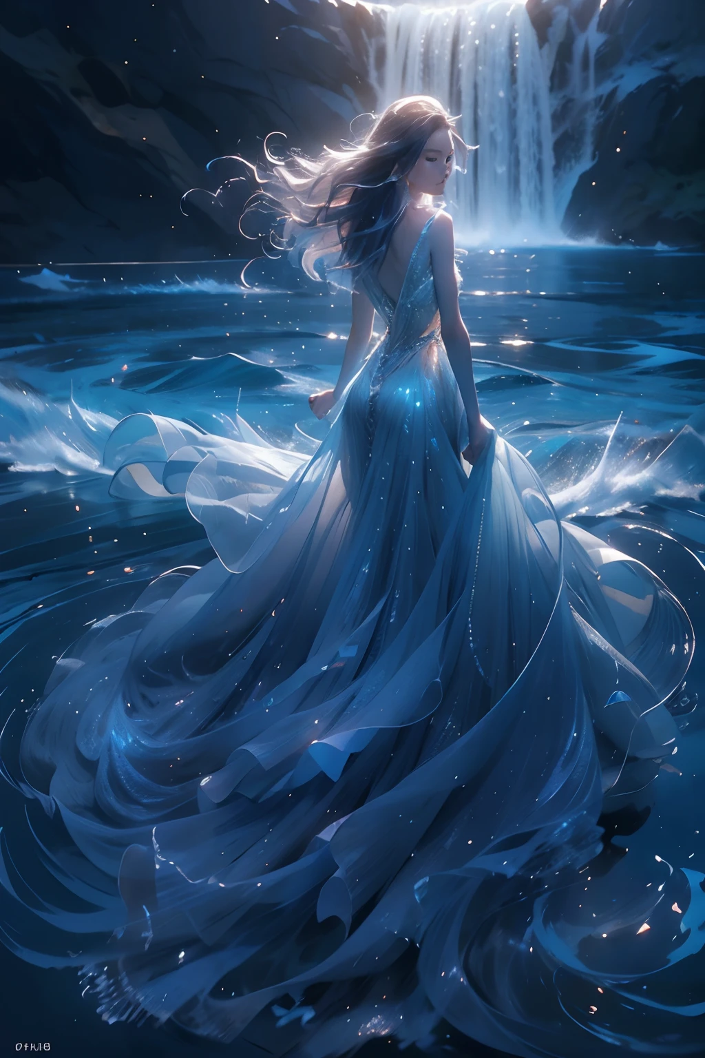 "(masterpiece: 1.2), 8K UHD resolution, Water Goddess, standing ethereal amidst a vast shimmering ocean. (best quality,4k,8k,highres,masterpiece:1.2), ultra-detailed, (realistic,photorealistic,photo-realistic:1.37), studio lighting, physically-based rendering, vivid colors, (glowing blue eyes:1.5),
Her silhouette merges with cascading waterfalls and fluid streams. A gown as translucent as liquid silk adorned with sea jewels and corals. Intense, glowing blue eyes that capture the essence of the ocean, radiating an inner luminescence that beckons the mysteries of the deep."