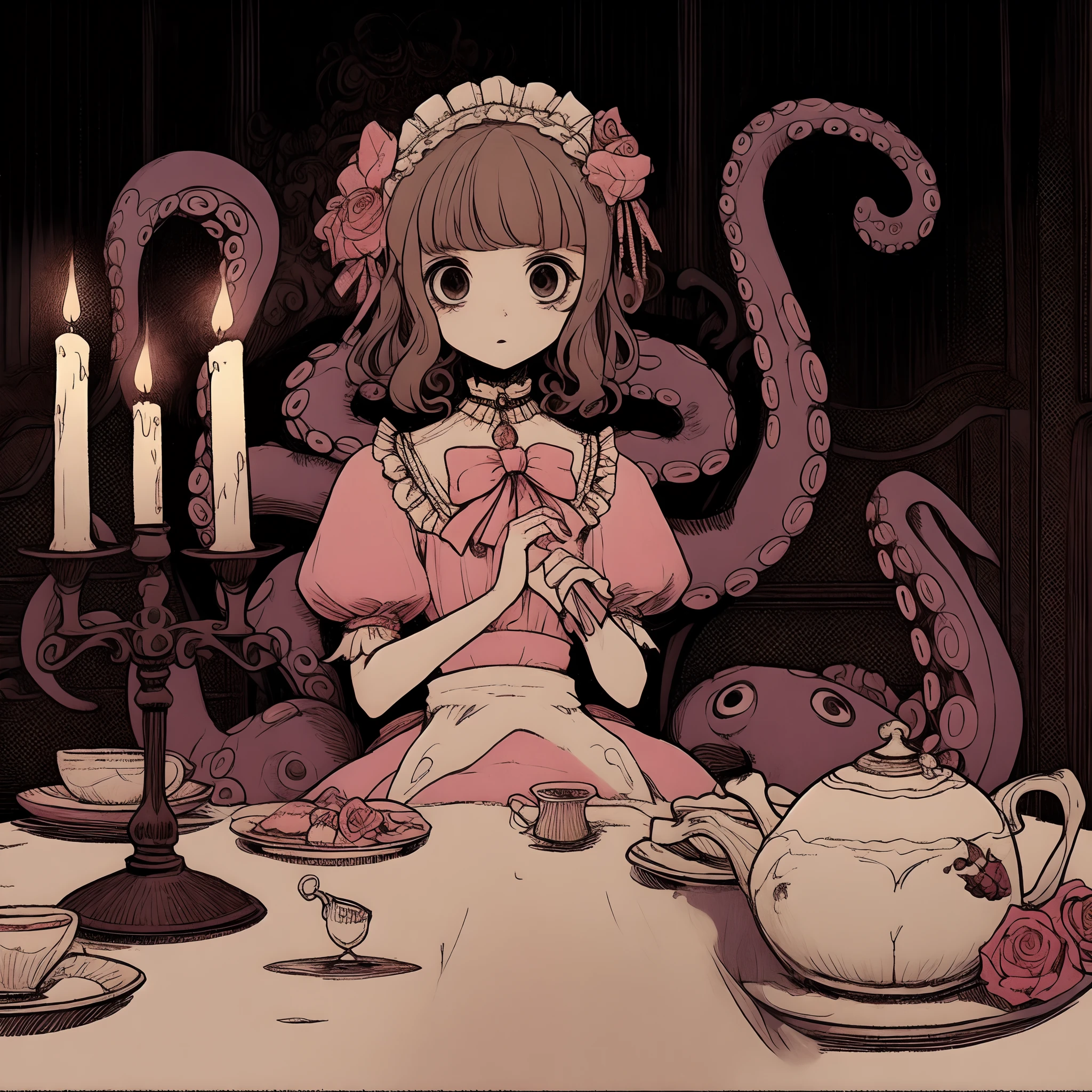 Девушка с щупальцами. платье с рюшами. чай . Внутри темного особняка. свеча. Цветы розы на тарелке.