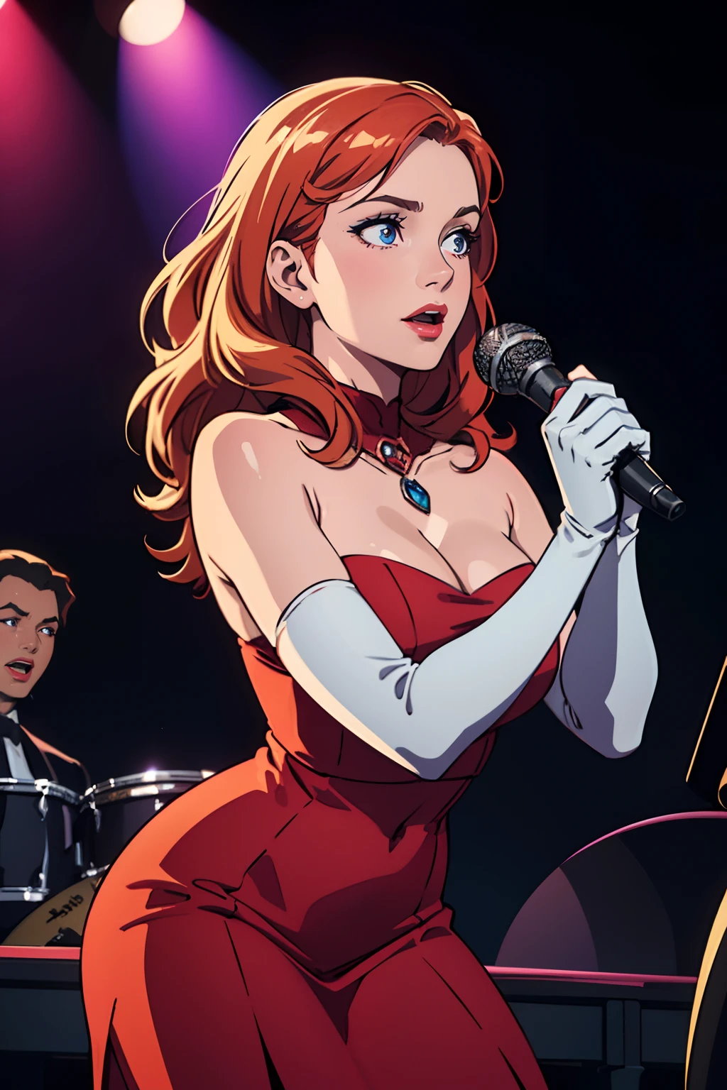 (best quality,4k,8k,highres,masterpiece:1.2),ultra-detailed,(realistic,photorealistic,photo-realistic:1.37), vibrant colors, stage spotlight, vintage microphone, elegant hair, graceful pose, dynamic atmosphere, stylish interior, classic jazz era vibes, captivating performance, soulful expression, animated jazz band, rhythmic music, passionate singing, microphone stand, energetic crowd, glamorous ambiance, seamless visual composition, enchanting red lighting, annette_war, in a red dress, blue eyes, orange hair, long hair, long white elbow gloves, wearing red lipstick, wearing light purple eye shadow, wearing makeup, holding old 1920s microphone, jazz club background, singing