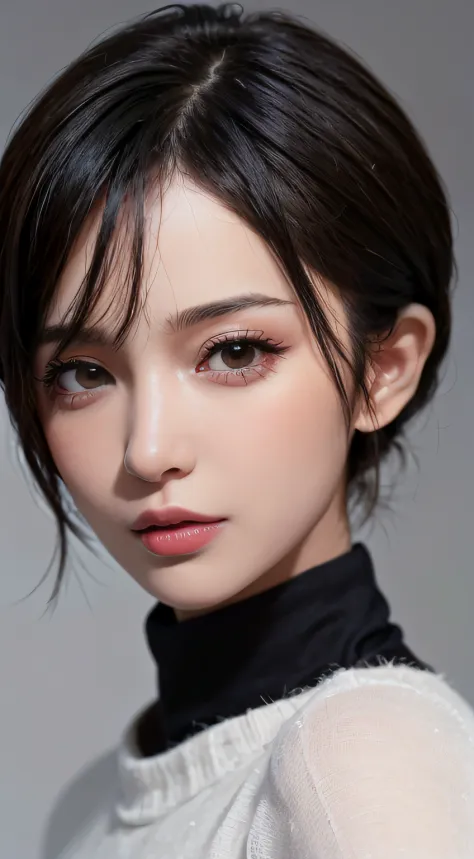 (masutepiece:1.3), (8K, Photorealistic, Raw photo, Best Quality: 1.4), (1girl in), Beautiful face, (Realistic face), (Black hair, Short hair:1.3), Nice hairstyle，Realistic eyes，Nice detail eyes，（Realistic skin），Beautiful skins，Lovely white turtleneck sweat...