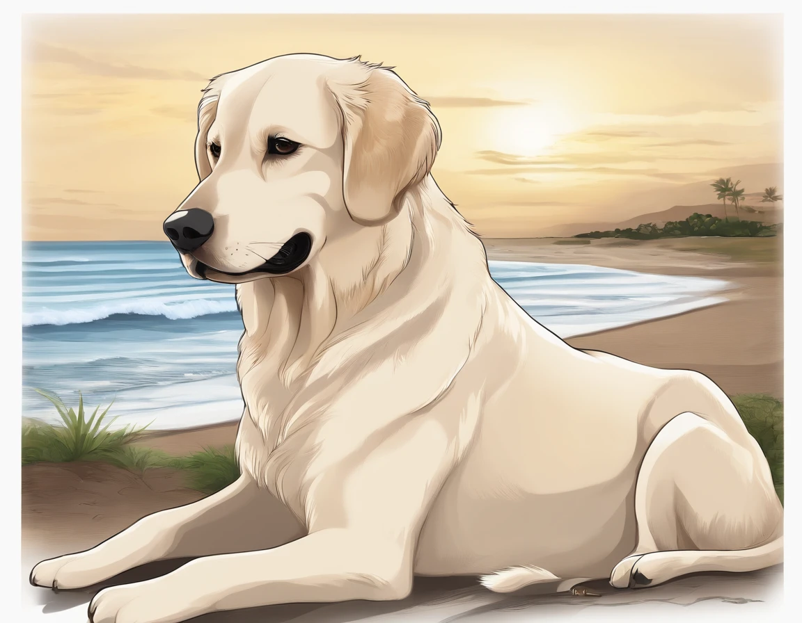 Painting of a dog sitting on the beach at sunset SeaArt AI 