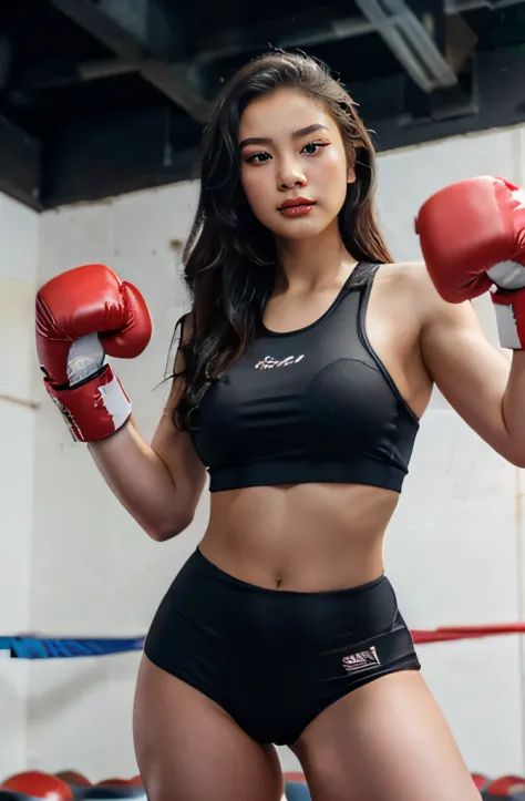 photo of a beautiful vietnamese girl, black gym uniforms, red boxing gloves