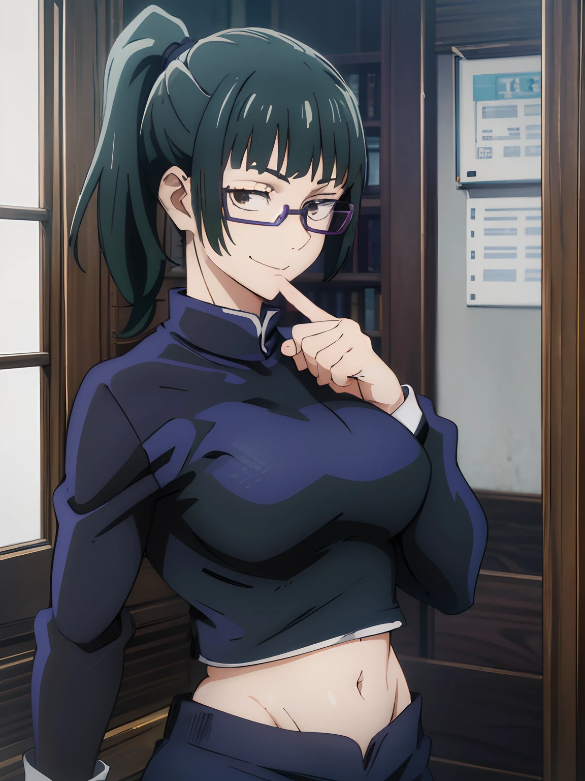 high-level image quality、Makima \(jujutsu kaisen\),, 1girl, only, Standing, dark green hair, bangs, big breasts, tie, stay, smiling, (bad: 1.2), Looking at the viewer, (interview:1.3), dark background, pants, black pants, The best quality, highest quality, High resolution, belly , (masuter piece,Best Quality,Ultra-detailed), 1girl in,cowboy shot,Beautiful fece,Zenyin_Maki,poneyTail,eye glasses,bangss,A dark-haired,Brown-eyed,uniform,natta,drapes,Stereoscopic lighting,intricate detailes,tonemapping,foco nítido,Hyper-detailing,Trending on ArtStation,Face portrait,magic,beautiful countenance