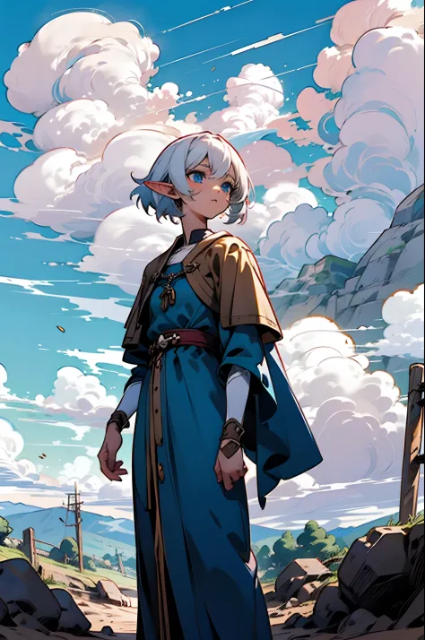 anime elf girl with white hairs and blue eyes. wearing blue medieval dress. standing at the dirt road. medieval city. masterpiec...