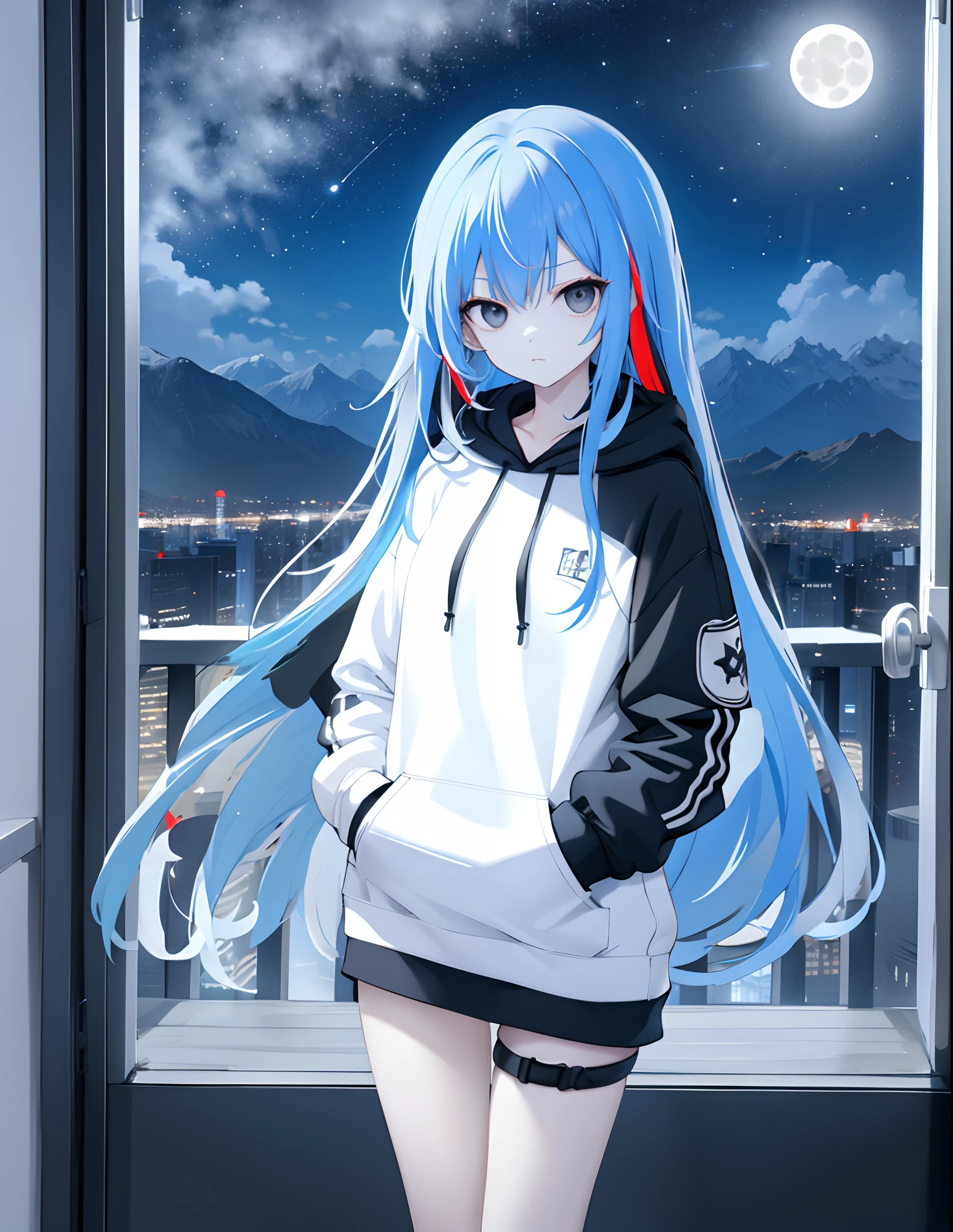 Best Quality,masutepiece,1girl in,Teenage,Full body,(Black eyes:1.1),close-up,Very long hair,Straight hair,side locks,Solo,Hoodie,(split-colored hair:1.2),(Black and white pantyhose:0.8),Hands in pockets,(Looking at Viewer:1.2),deadpan,break knight,fullmoon,Cityscape,(mansion:1),(highrise buildings:1),(nigh sky:1.1),skyporn,Starry sky,mountain road,Street,City lights,door,window,
