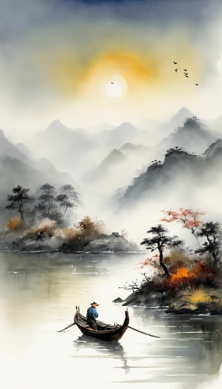 中国山水画，有2个字符，墨水and watercolor painting，water 墨水 