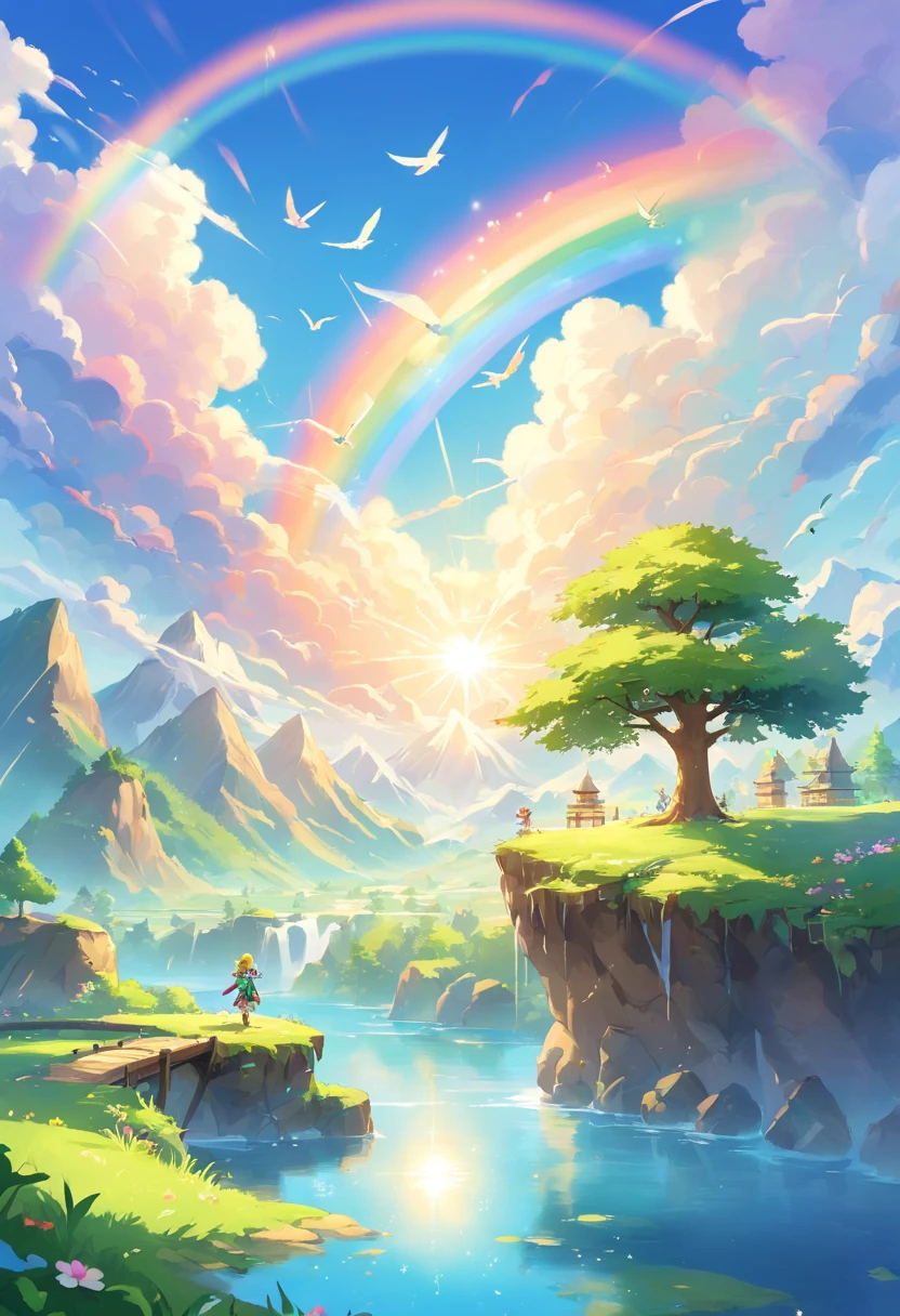 （（A rainbow appears in the sky after rain）），baiyun, After the rain, rays of sunshine, refraction, Seven colors, Red, orange, yellow, Green, Blue, Violet, Arc-shaped, Bridge to Heaven, llight rays, dream magical, wanting, Calm lake, Inverted image, Tree contours, Birds fly, freshen, Magical, Beautiful natural scenery、Forward-facing、rainbows