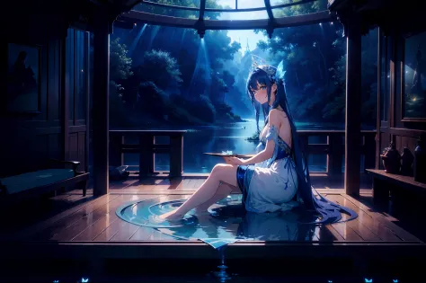 1 girl, (blue lighting) ,cinematic angle, sitting on pond, robe ,bare-foot , (from above:0.7) , ((Shangri-La)), (mother nature),...