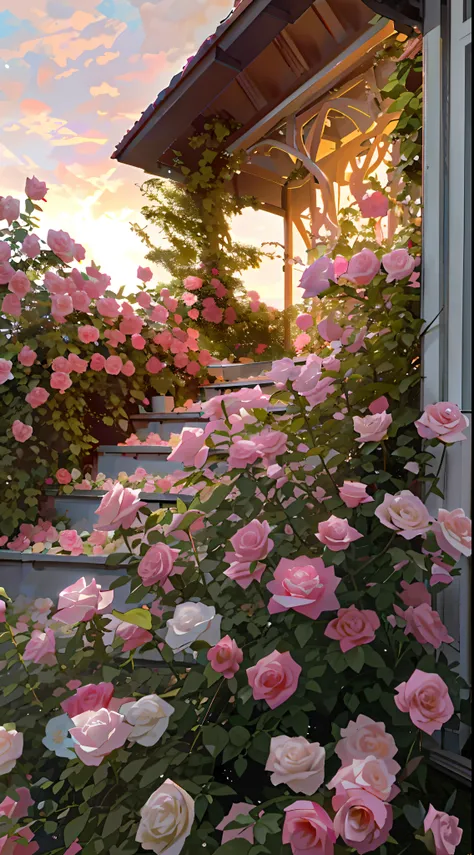 A bush of pink roses outside the house, beautiful and aesthetic, soft ...