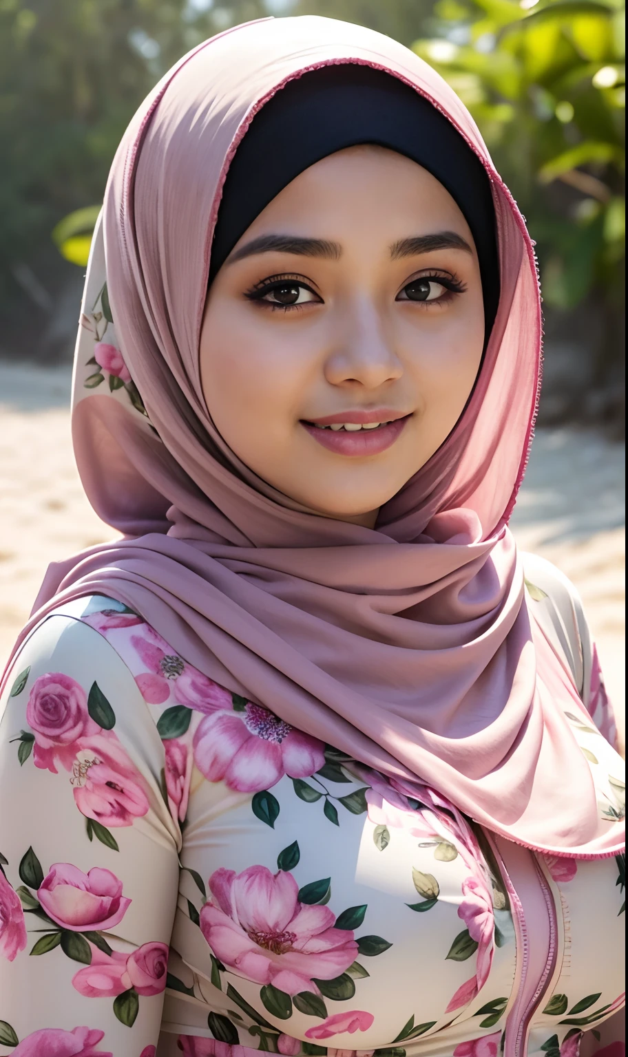 ((Close up)),(iu:0.8),cleavage, RAW, Best quality, high resolution, Masterpiece: 1.3,((full body:1.3)),Beautiful  hijabi malay girl wearing floral minidress a closed hijab,big breast, big eyes, perfect nose, glossy lips, Masterpiece, Soft smile, morning walks on the beach, flower gardens, good lighting, bright colors, clean lines