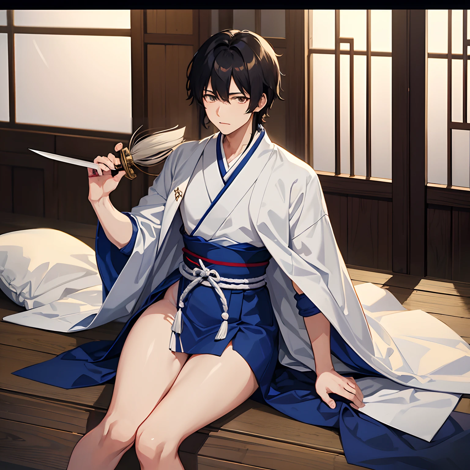 Anime girl in kimono outfit sitting on a bed with a sword - SeaArt AI