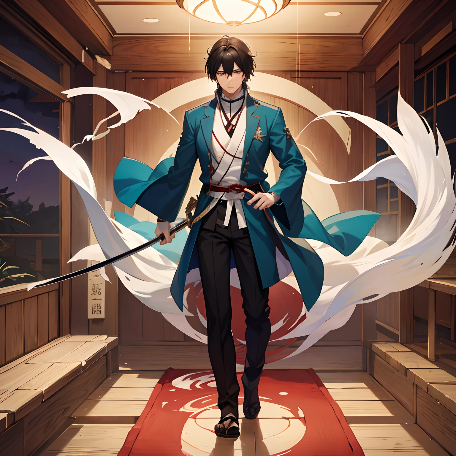 Anime character with sword and blue coat standing in a hallway - SeaArt AI