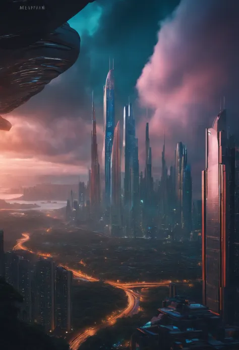 cyberpunk、cidades futuristas、Planeta Terra、Skyscrapers rising through the clouds　cyberpunk.ＳＦArte por、utopian city、Megacidades、Dream、qualidade superior　obra prima、Belas cidades do futuro　montanha　space city