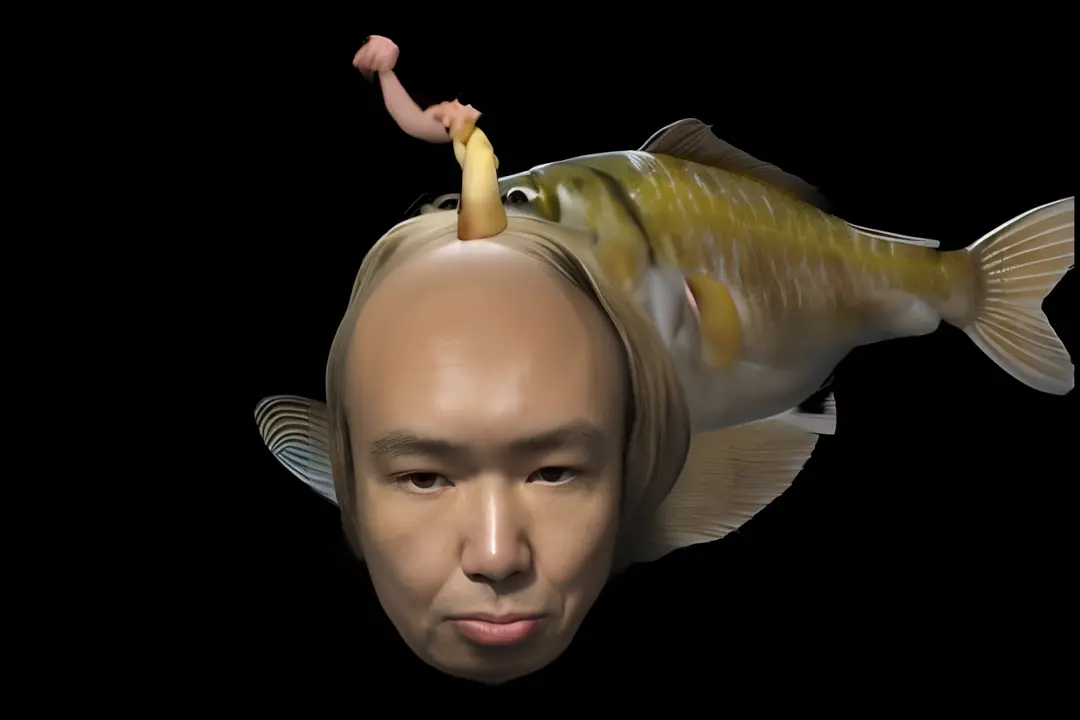 Close-up portrait of a person with a fish on his head, Chicken face  morphing fish head, fish man, Fish face, Fish flying overhead - SeaArt AI