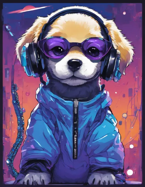 A puppy-cloaked puppy，Wear transparent glasses，intercom headset，Robotic arm，Technologie，black in color，blue colors，purpleish color，