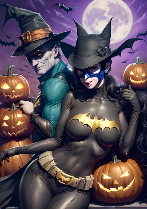 Halloween do Batman estilo DC Comics by Jim lee, Batman at Halloween party, With a Catwoman, witches and pumpkins