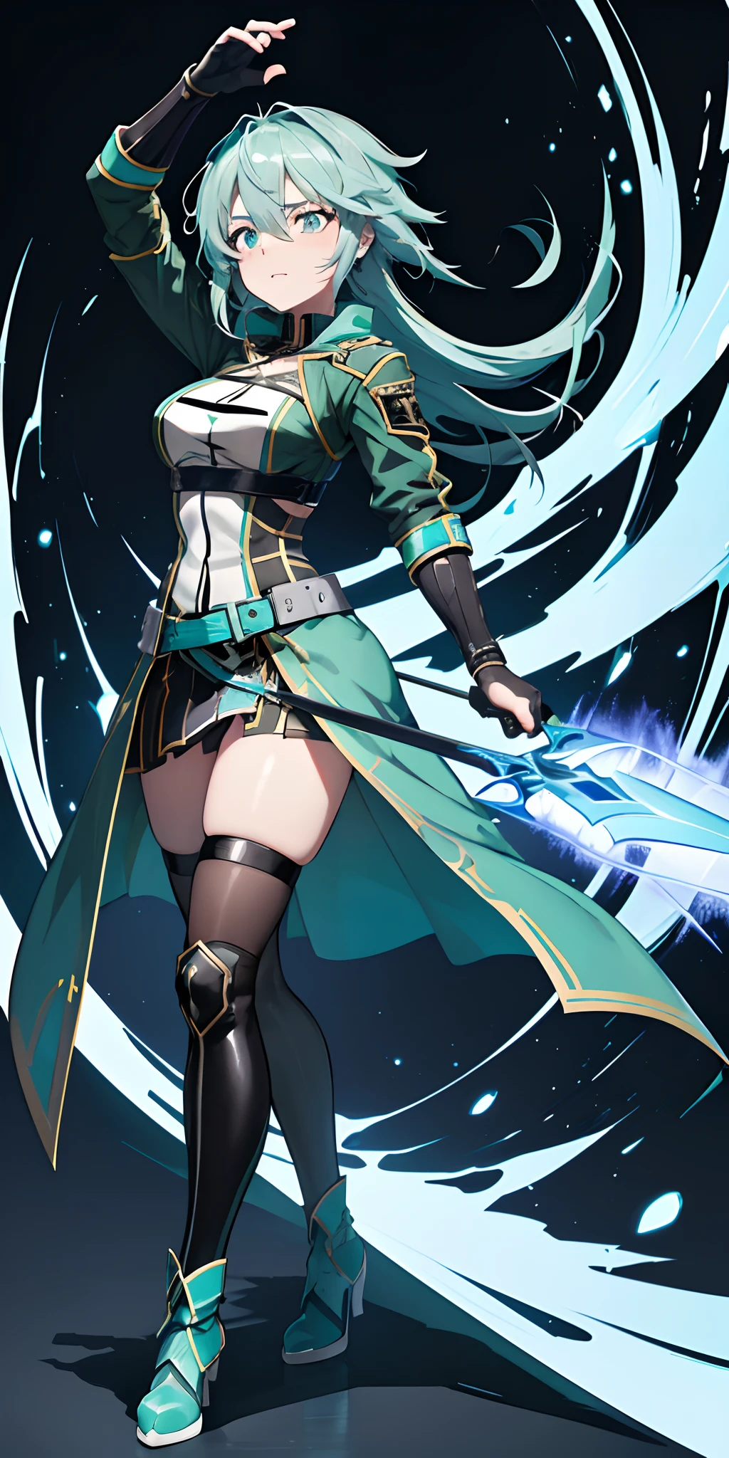 (beste-Qualit, tmasterpiece), 1girl, Sinon Asada from Masters of the Sword Onlinein the style of a Mortal Kombat character Full Body with Blue Hair 4k