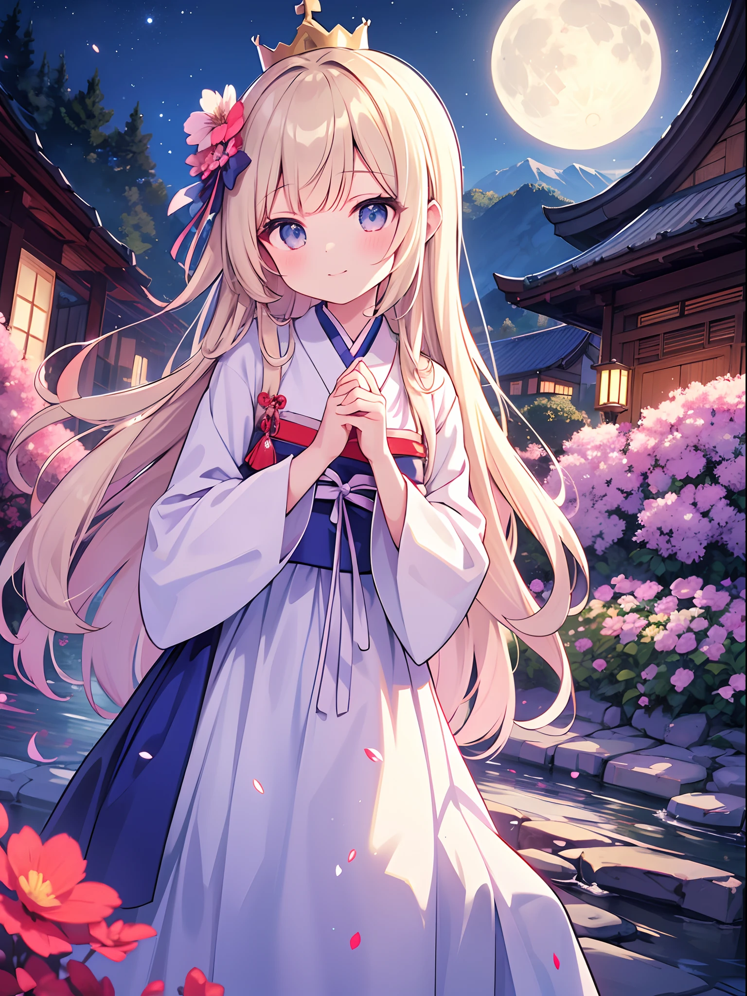 best quality, high_resolution, distinct_image, detailed background ,girl, hanbok,flower,garden,moon, night,dutch angle, wide shot, crown,