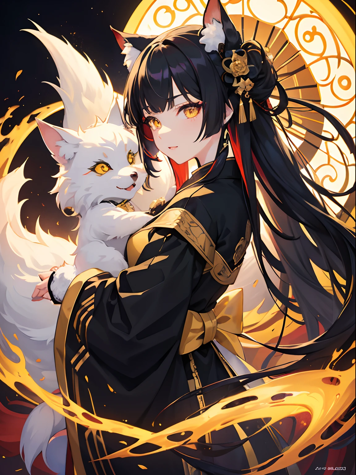 masterpiece, best quality, 1girl, black hair, yellow eyes, kitsune, night tailed fox, night festival, detailed eyes, detailed facial features, high resolution (best quality, 4k, 8k, highres, masterpiece:1.2)