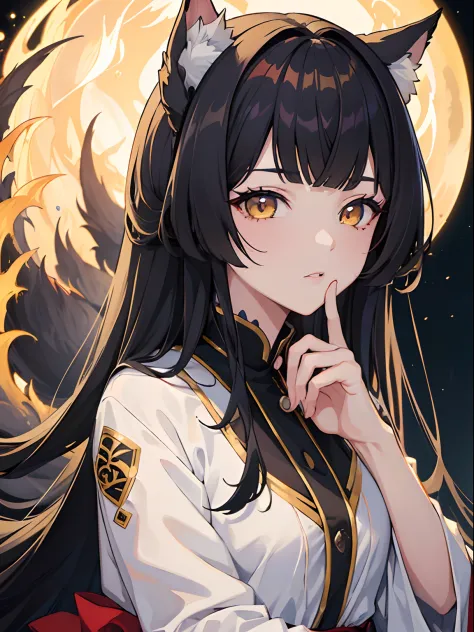 masterpiece, best quality, 1girl, black hair, yellow eyes, kitsune, night tailed fox, night festival, detailed eyes, detailed fa...