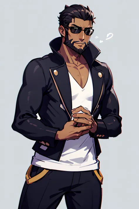 Pokémon Art Style, Adult man alone dark brown skin with black hair Good style Fellas he has a short beard and wears a black jacket and on his face he has black aviator sunglasses with his hands in his pockets