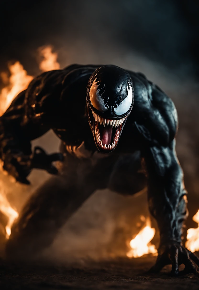 Venom in the dark with fire coming out of his mouth - SeaArt AI