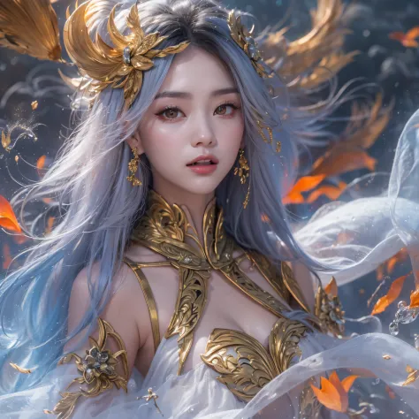 cinematic cgsociety，Flying Nine-Tailed Light Blue Sky Division Flame Long-haired Fox Star，een Erotica，Torch night black golden o...