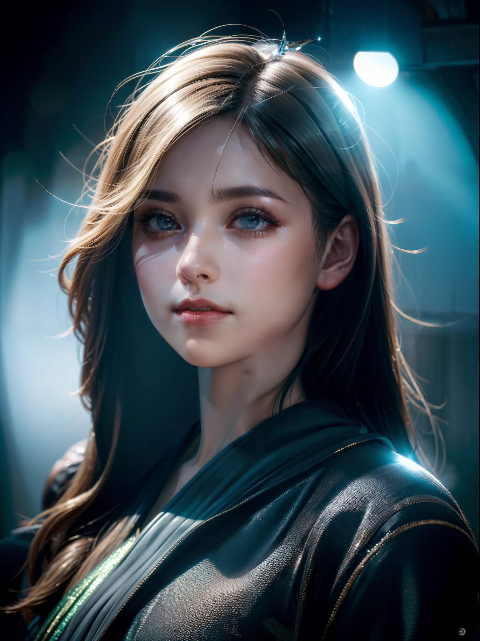 (best quality,4k,highres:1.2),ultra-detailed,realistic,photorealistic:1.37,A girl in a dark and moody setting,portrait blurred background,metallic outfit,shot with Sony Alpha 7 DSLR,beautiful detailed eyes,beautiful detailed lips, smiley expressive face,long eyelashes,dark mysterious atmosphere,high contrast,mysterious mist,subtle hints of fog,lens flare,chromatic aberration,rich and vibrant colors,dramatic pose with a slight tilt of the head,focus on the girl's face,subtle bokeh effects