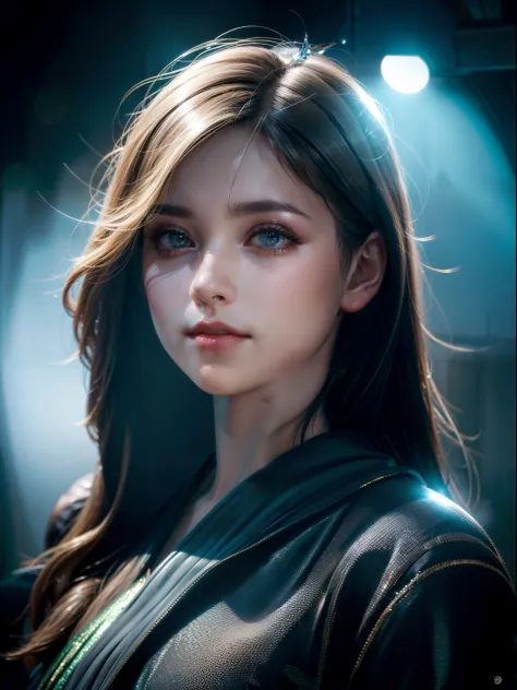 (best quality,4k,highres:1.2),ultra-detailed,realistic,photorealistic:1.37,A girl in a dark and moody setting,portrait blurred b...