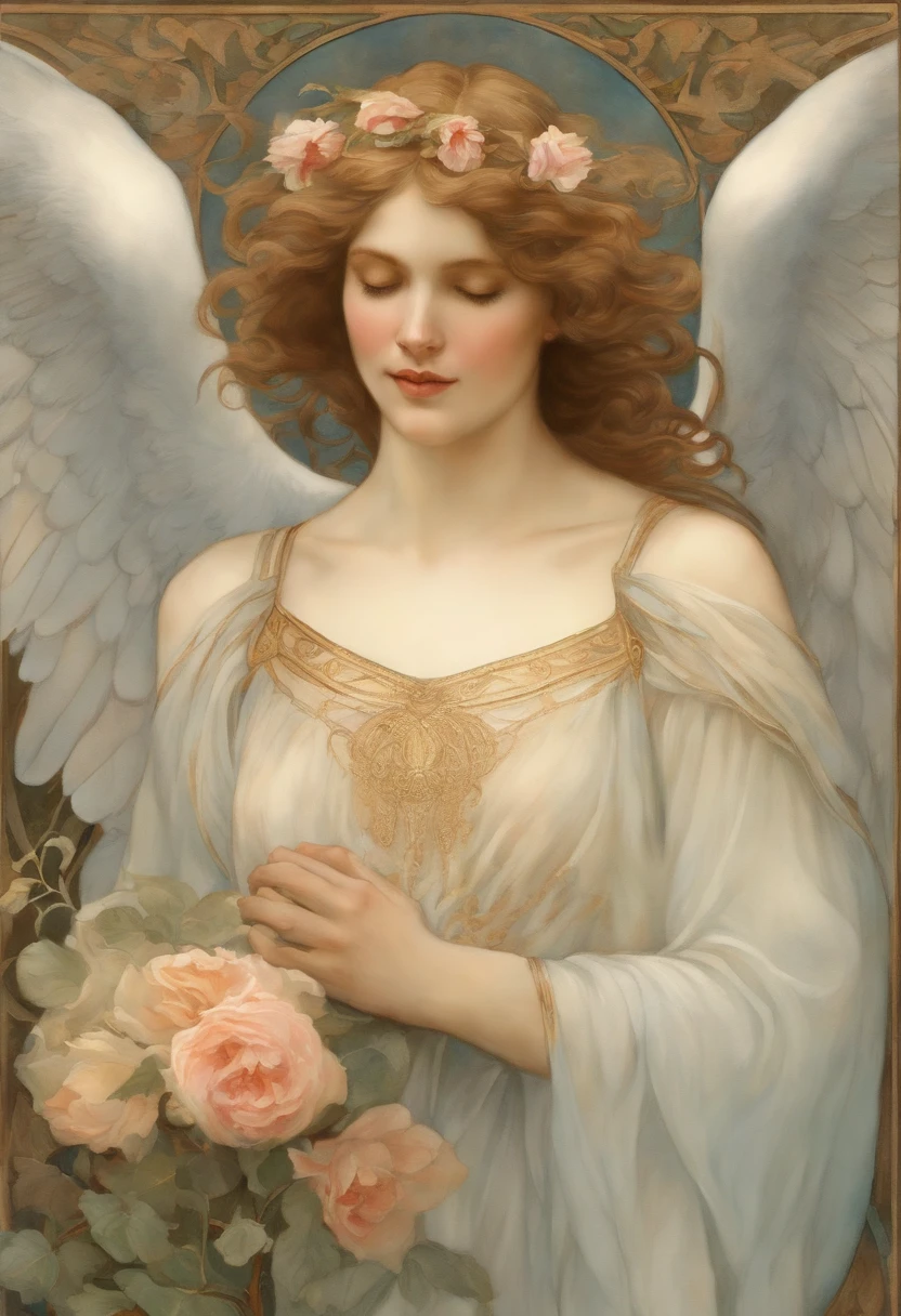 Una pintura de acuarela súper detallada y altamente definida., un ángel, figura masculina, cabello corto, mirada suave, sonrisa, flor, Arte de portada detallado, con alas, halo de santidad, recogiendo rosas, Al estilo de Alphonse Maria Mucha y Gustave Kilmut, Tonos Art Nouveau, Alphonse Mucha, Gustavo Klimt, piel azulada pálida, una escultura de mármol, CGSesociedade, arte gótico, Art Nouveau, ganador del concurso de comportamiento