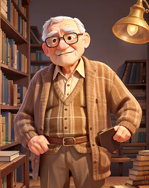 A wise old man standing in front, illuminated by the light of a lamp, against the backdrop of a library