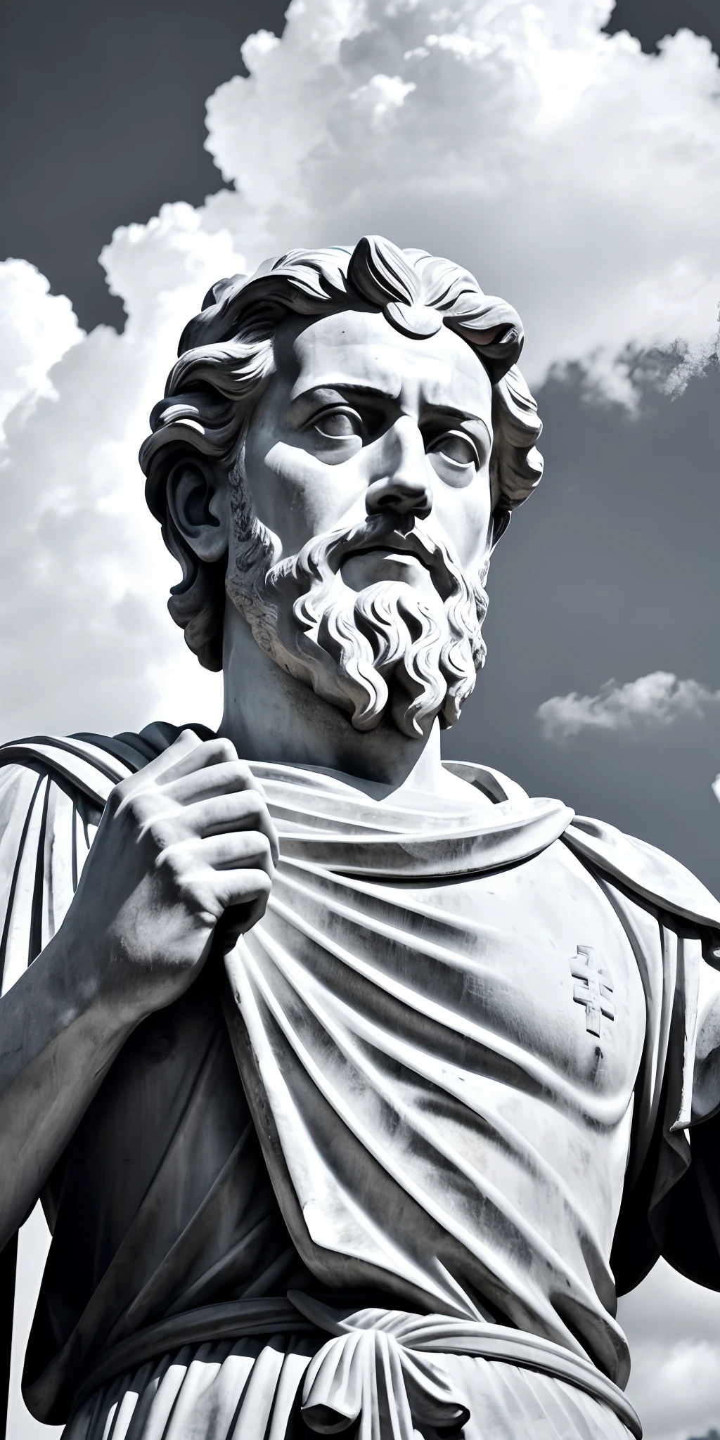 A portrait statue of the stoic Marcus Aurelius in black and white 4K, side face, With your left hand raised to the sky, with clouds at the background, wallpaper, super realistic