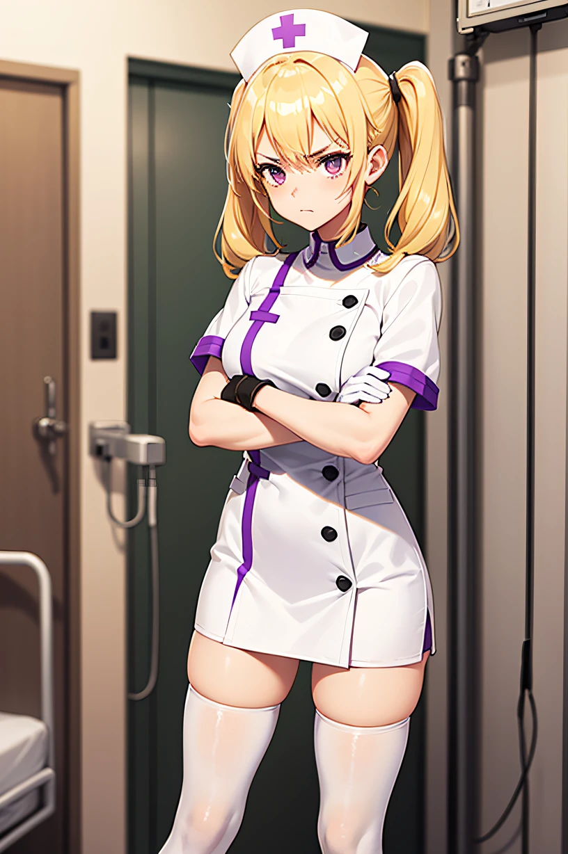 1girl, solo, nurse, nurse cap, white wear, ((white legwear, zettai ryouiki)), white gloves, twintails, yellow hair, purple eyes, angry, crossed arms, standing, ((hospital room)), sharp outline, short sleeves, best quality, masterpiece