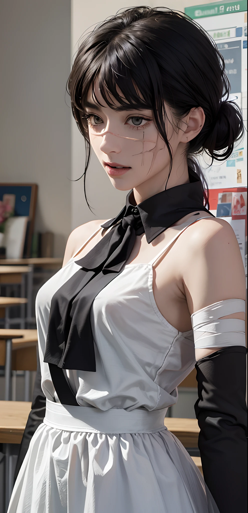 ((masterpiece, best quality)), (1girl), (solo), (female focus), Yoru \(chainsaw man\),(very detailed face, real image, realistic skin, realistic body, intricate details), upper body, focus on face, dark eyes, bandages over the body, black hair, hair tied, far sleeve shirt, pinaforee dress, black tie, bandages, blood, bandages, blood, blood, small breasts, classroom, students,  Blur background