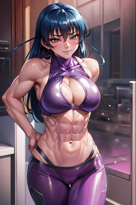 masterpiece, best quality, asagi, 1girl, breasts, solo, sweat, purple bodysuit, large breasts, cleavage, smile, (abs:1.6), toned, looking at viewer, hand on hip, blush, huge breasts, blue hair, long hair, bangs, hair between eyes, green eyes, night, muscul...