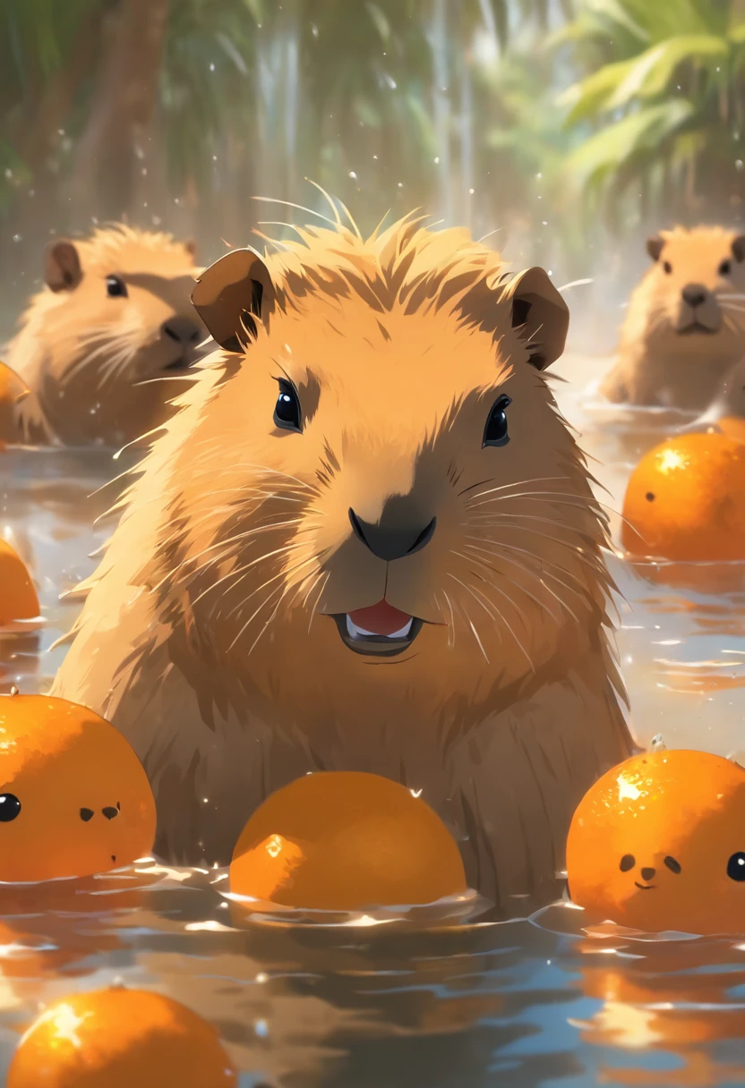 There are many oranges in the water with a hamster in the background ...