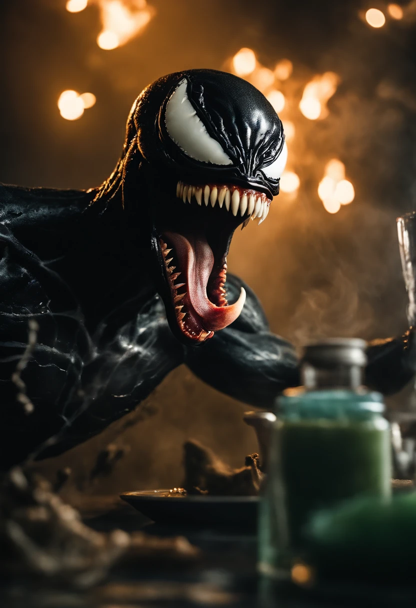 Venom statue with mouth open and glowing eyes in front of a table - SeaArt  AI