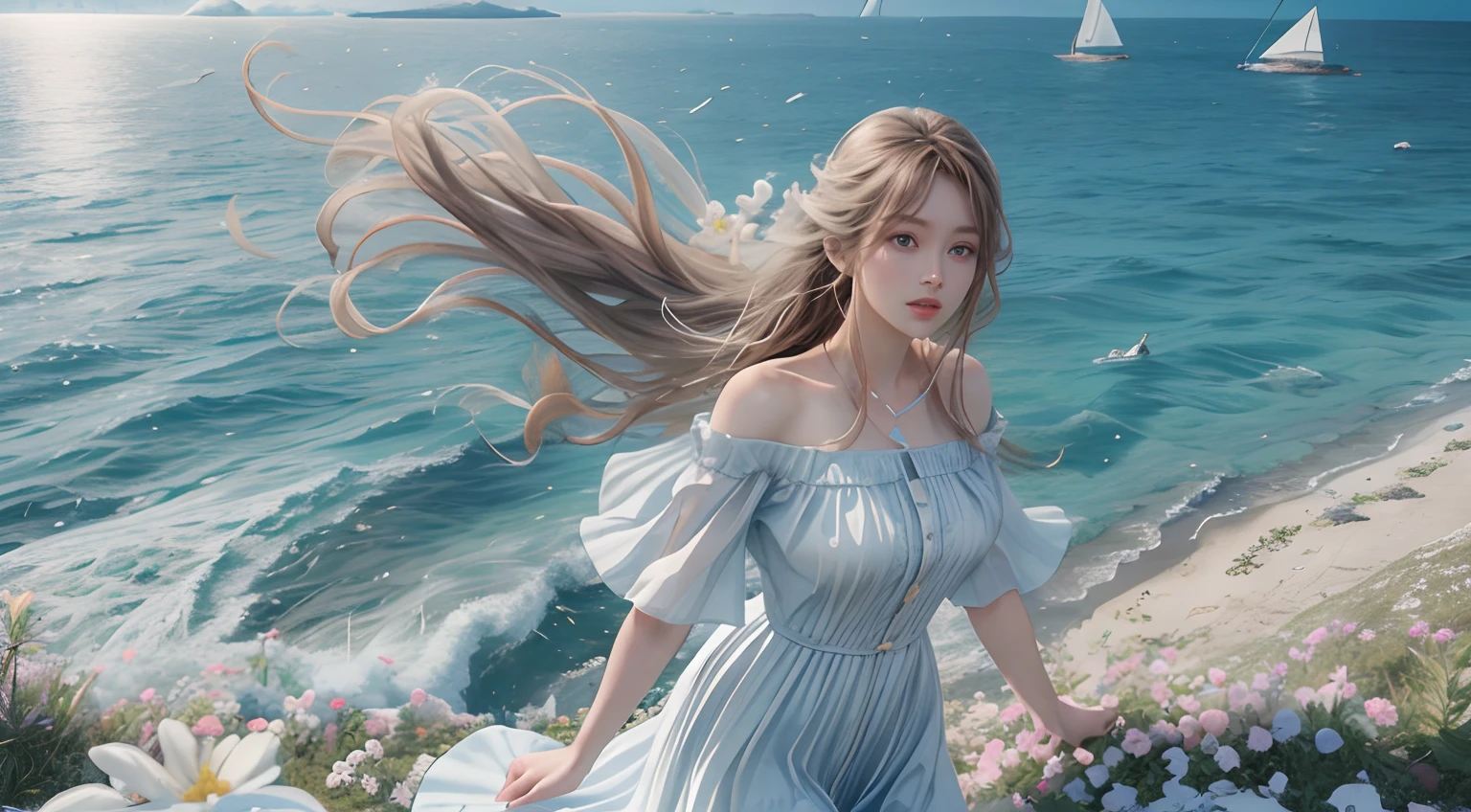 8K HD quality，aerial shot，Blue skies，There are many large white clouds，sexy beauty，in a sunbeam，Dressed in bright clothes，Sense of character，Bigchest，Stand beautifully，Blowing the sea breeze，The waves on the sea are blooming one after another，Flowers all over the mountains，Wildflowers are dense，