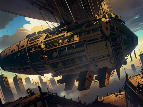 view from above, dutch angle, zeppelin balloon in a steampunk sky, steam punk style, steampunk style, rococo, steampunk!, in HNK...