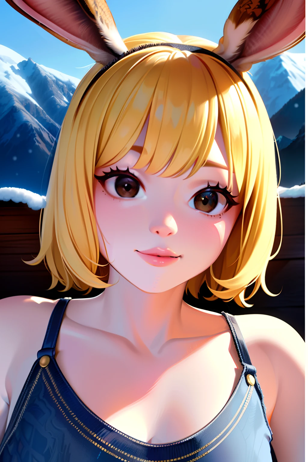 (ultra detailed background, delicate pattern, intricate detail, highly detailed, fine details), best quality,((medium breasts, slim girl, close-up, portrait)), CarrotChan, 1girl, solo, blonde hair, animal ears, rabbit ears, rabbit girl, furry female, furry, short hair, smile, rabbit tail, (blue jeans and white t-shirt), brown eyes, ((slim girl, medium breasts, animal nose)), ((complex detailed background, snow, mountains, cabin, winter environment, close-up, portrait))