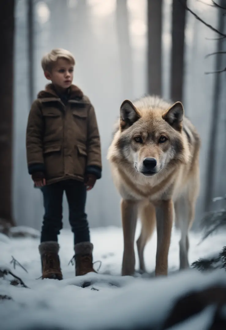 A young, blonde-haired boy standing in a remote, icy forest, facing a large brown wolf