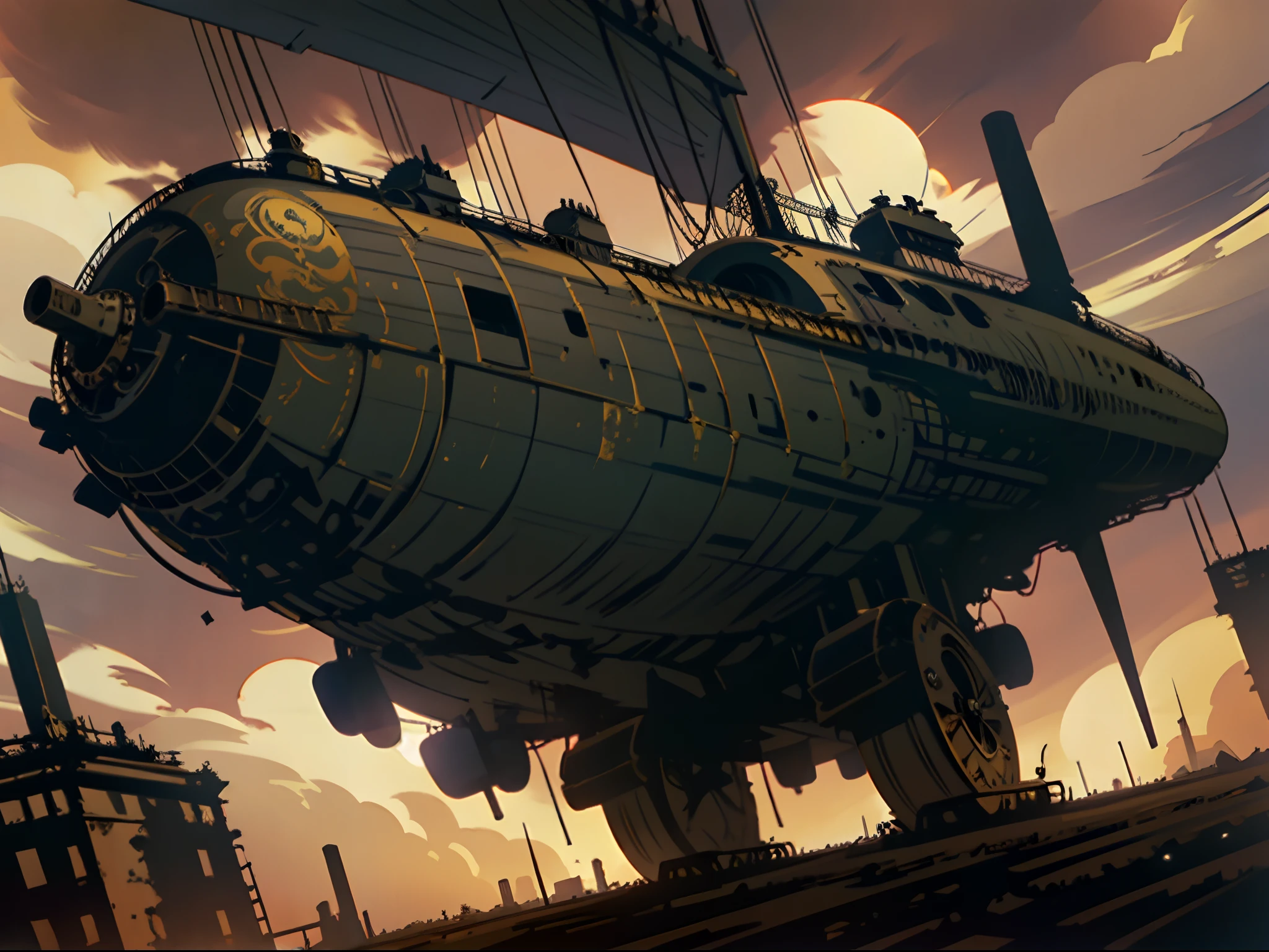 view from side, Dutch angle, zeppelin airship flying, steampunk decor sky, steam punk style, steampunk style, rococo, steampunk!, in HNKstyle, 80's anime style