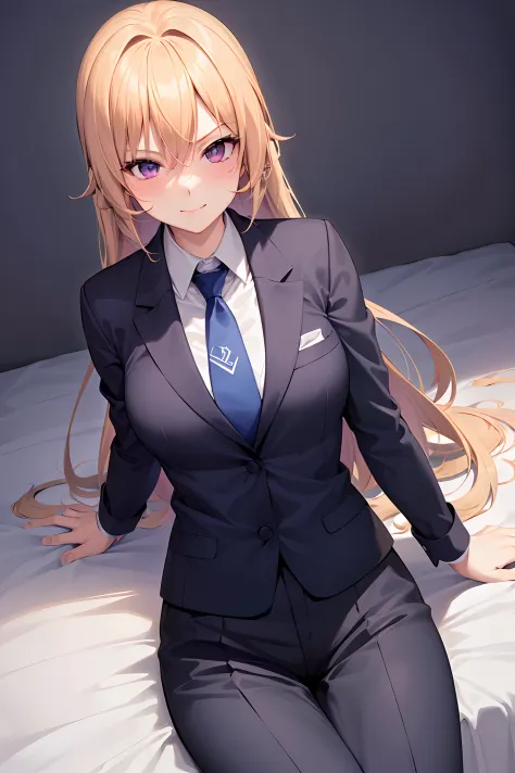 (Best Quality,4k,highres),A girl:1.1,blonde hair, chest,Wearing a tuxedo suit,Badass female, Smiling Skinny female figure,blue necktie,collared shirt, Spacious room background